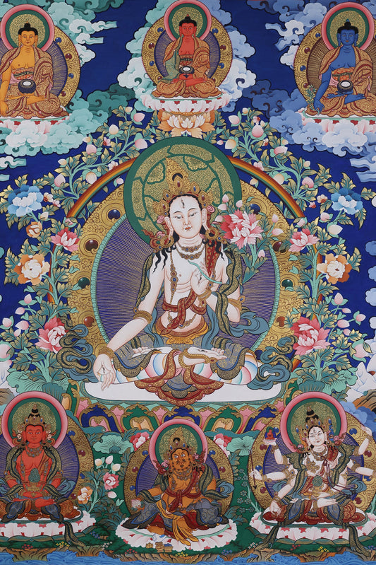 Unveiling a Hand-Painted Tibetan Thangka: The Four-Armed Avalokiteshvara, Retinue Deities & Regong Art Craft