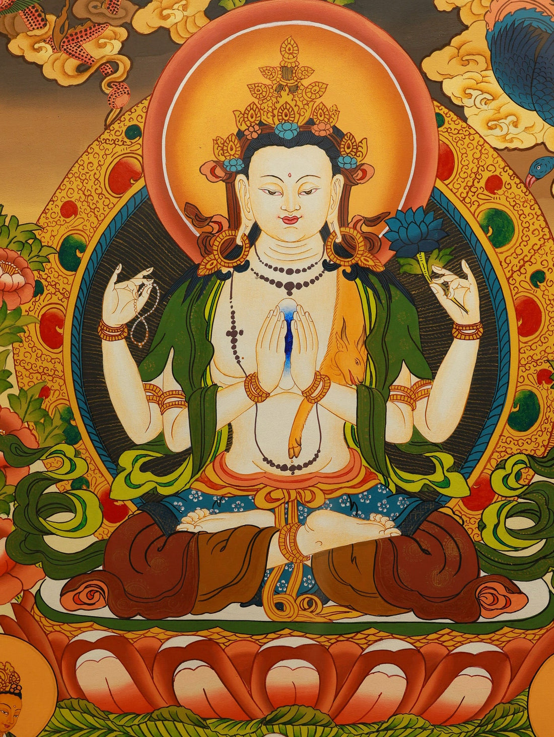 The Compassionate Art of Tibet: A Complete Analysis of a 48×65cm Hand-Painted Four-Armed Tibetan Buddhist Thangka Painting