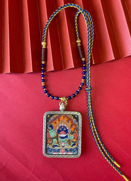 Dharma Protector: Tibet Black-Cloak Mahakala Thangka Pendant with Copper Casing
