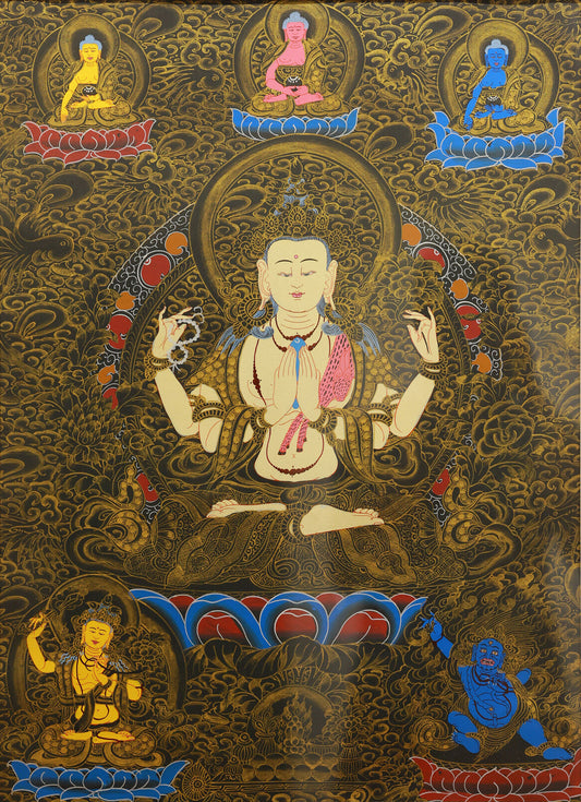 Hand-Painted Tibetan Black-Gold Thangka: The Faith System and Craftsmanship of the Four-Armed Avalokiteshvara