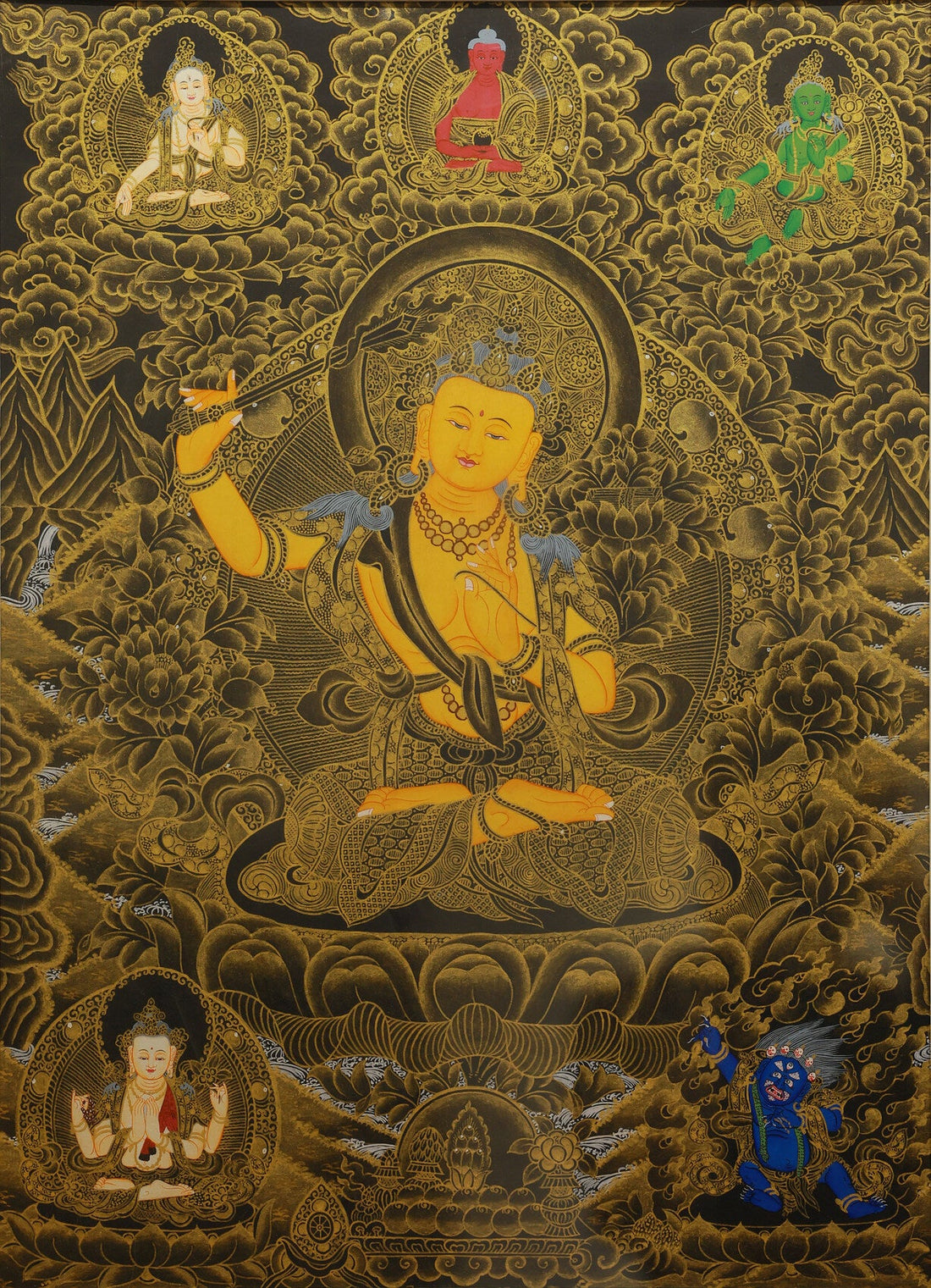 Nepalese Black-Gold Manjushri Thangka: The Artistic Fusion of Tibetan Wisdom Faith and Tibetan Buddhist Thangka Painting