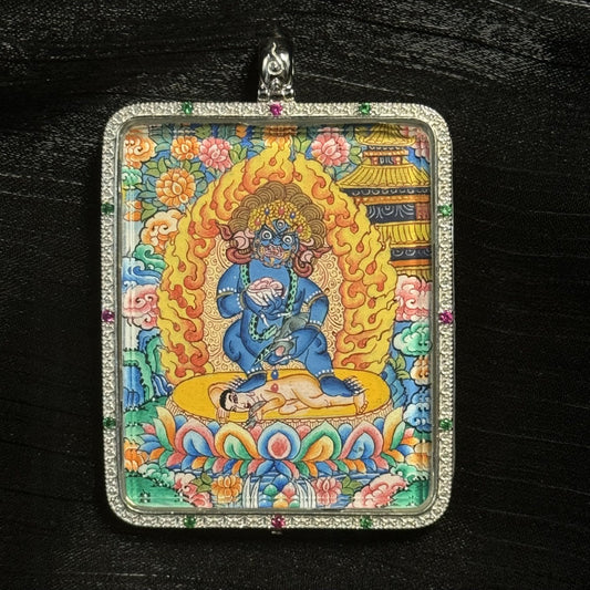 4x5cm Hand-Painted Black Jambhala with Mandala Buddhist Pendant: Swift Wealth and Tibetan Buddhist Jewelry