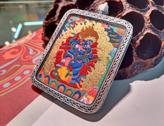 The King of Wealth Deities: Tibet Premium Black Jambhala Thangka Pendant with 925 Silver Casing