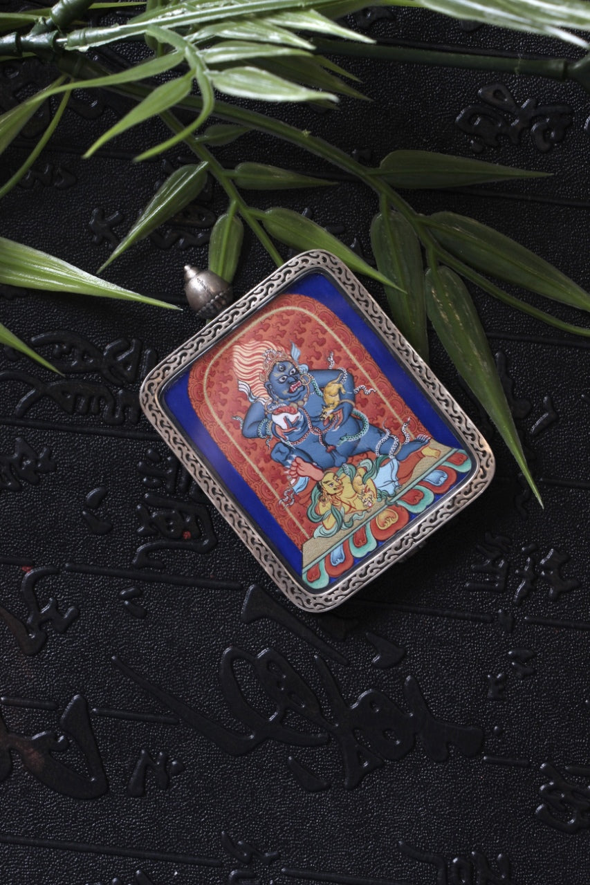 Black Jambhala Thangka Pendant: 4x5cm Museum-Grade Wealth Amulet with Natural Mineral Pigments & 925 Silver Nine-Colored Deer Gau Box