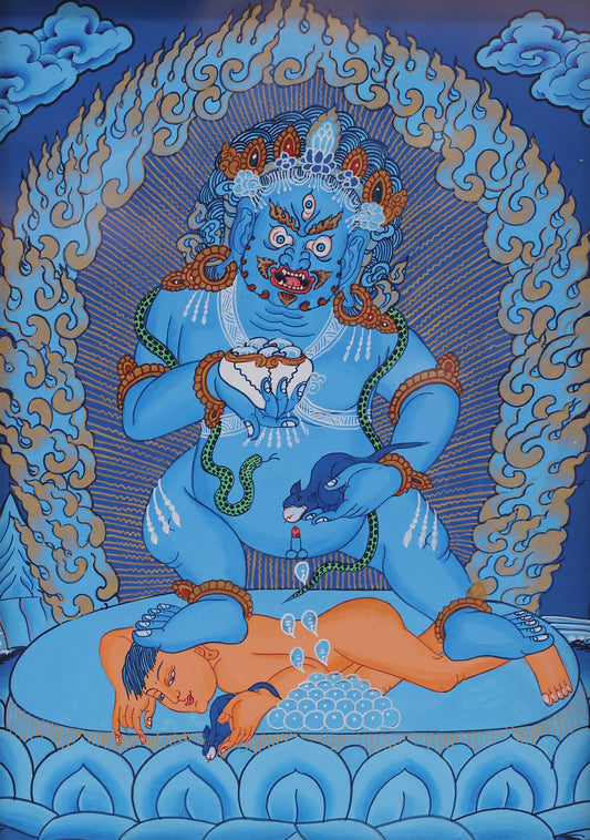 Nepal Blue Thangka of Black Jambhala: The Wealth Blessing Beliefs and Artistic Codes of Tibetan Tantric Buddhism