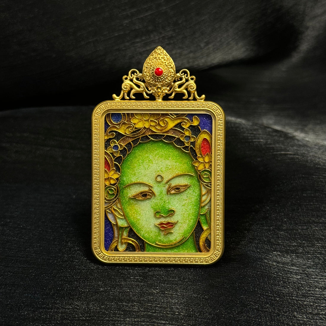 4x5cm Cloisonne Green Tara Buddhist Pendant with Copper 24K Gold-Plated Casing: Blessing Tibetan Buddhist Jewelry