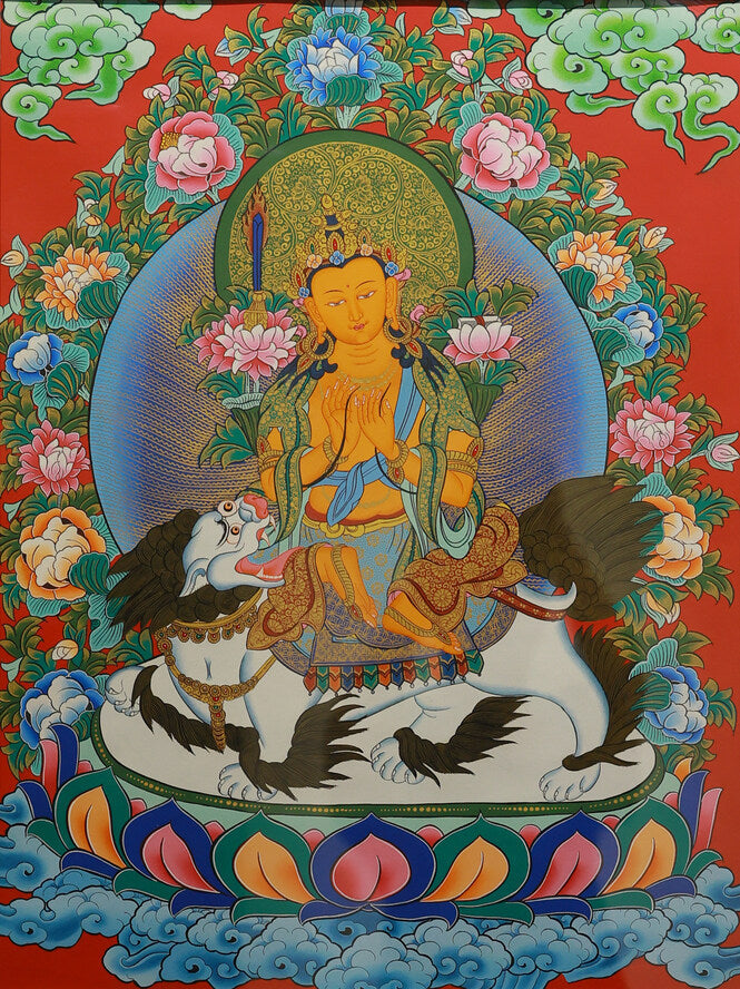 Hand-Painted Thangka: Manjushri Bodhisattva (Lion’s Roar Manjushri) - Symbolism and Tibetan Buddhist Thangka Painting