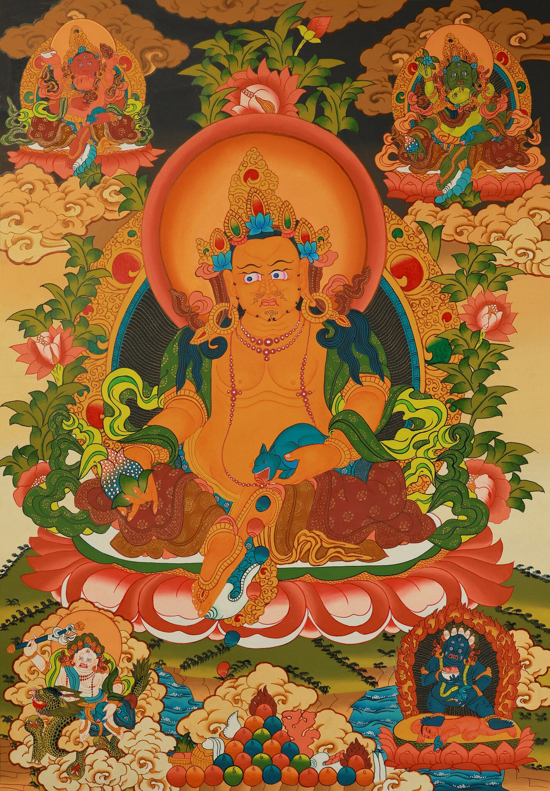 Yellow Jambhala & the Five Jambhalas in Tibetan Buddhism: Wealth Symbols and Spiritual Core in Color Thangka