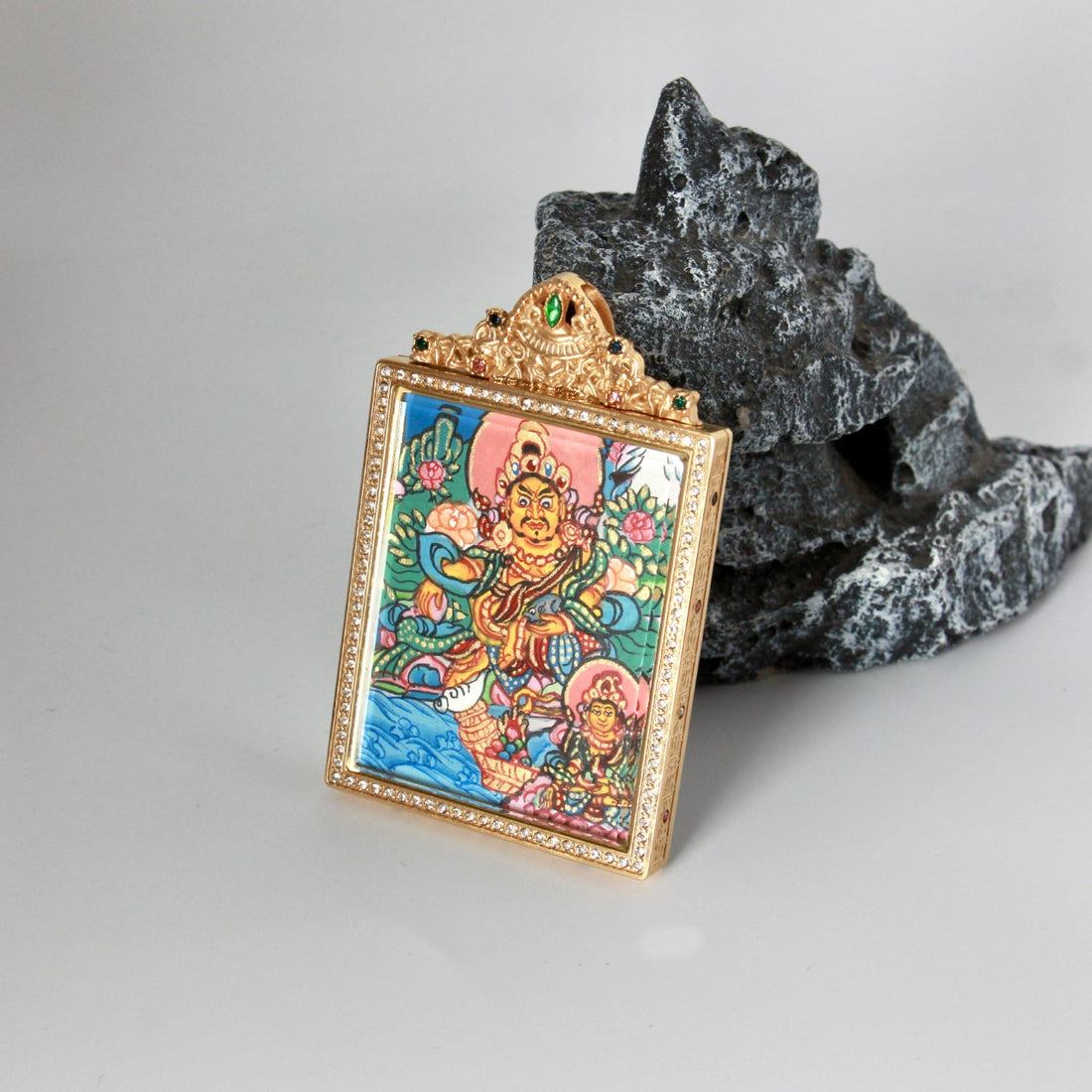 Dual Jambhala and Vasudhara Nepal Thangka Pendant: Wealth Deity and Wealth Mother