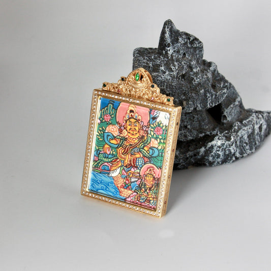 Dual Jambhala and Vasudhara Nepal Thangka Pendant: Wealth Deity and Wealth Mother