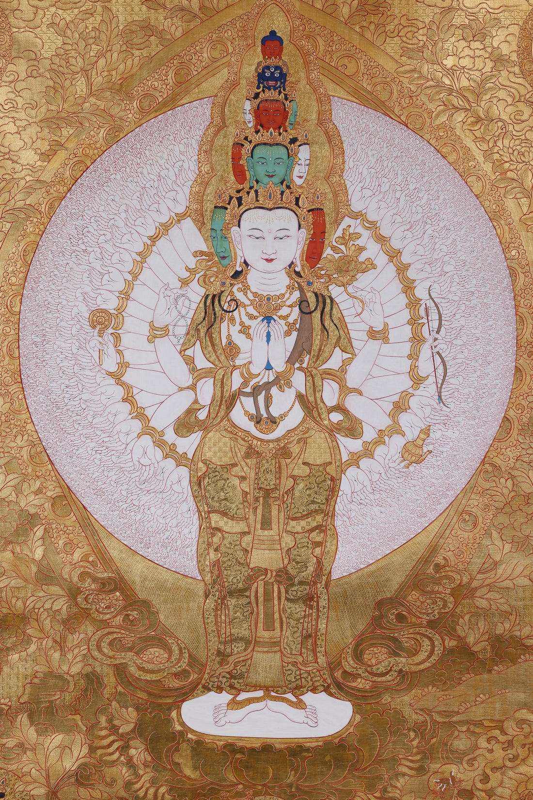 Hand-Painted Golden Thousand-Armed Avalokiteshvara Thangka – Tibetan Compassion & Protection Art