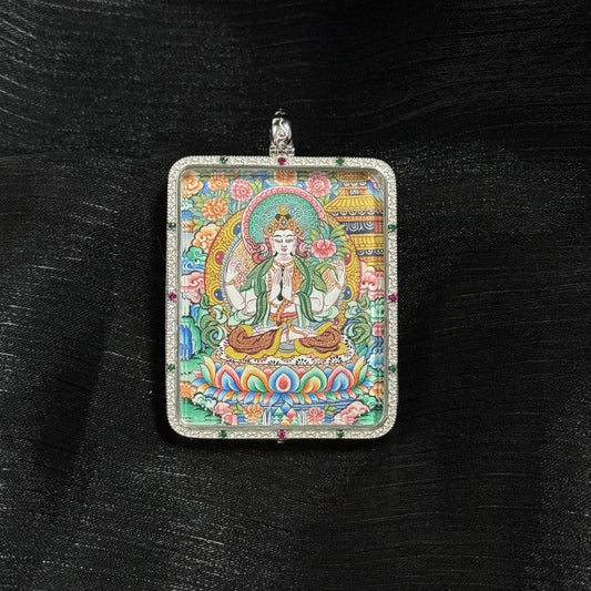 4x5cm Hand-Painted Four-Armed Avalokiteshvara with Eight Guardians and Mandala Buddhist Tibetan Buddhist Jewelry