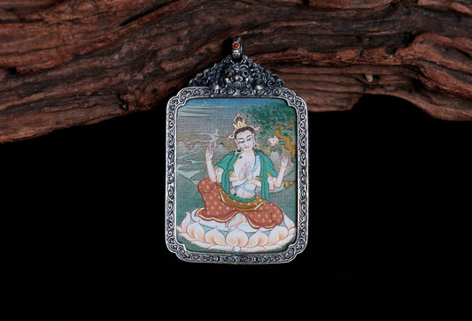 3.5x4.5cm Four-Armed Avalokiteshvara (四臂观音) Karma Gadri Buddhist Pendant with Vintage Tibetan Buddhist Jewelry