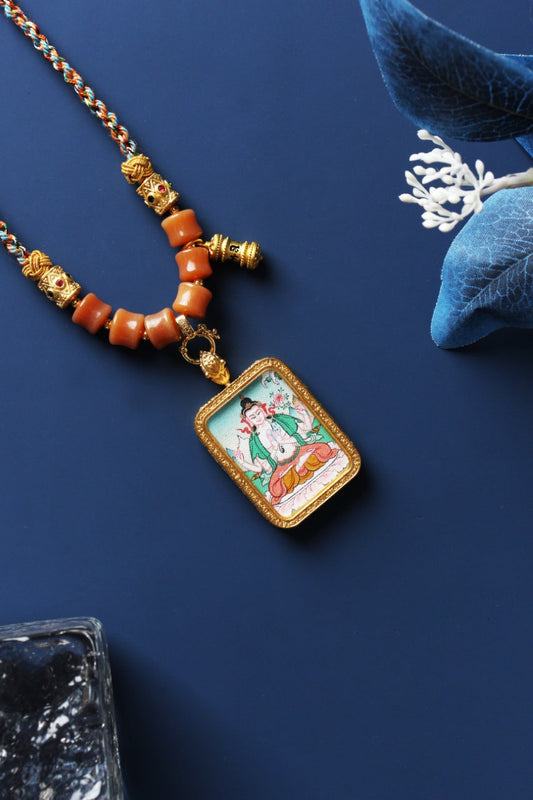 Four-Armed Avalokiteshvara Karma Kagyu Thangka Pendant: The Embodiment of Great Compassion (2.5x3.5cm)