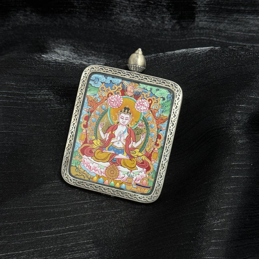 Four-Armed Avalokiteshvara Menri Thangka Pendant: The Embodiment of Great Compassion