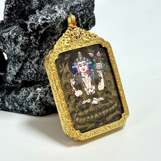 Four-Armed Avalokiteshvara Nepal Black Gold Thangka Pendant: The Embodiment of Great Compassion
