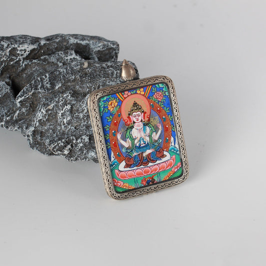 Four-Armed Avalokiteshvara Rebgong Thangka Pendant: The Embodiment of Great Compassion