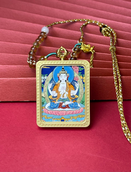 3.5x4.5cm Rekong Four-Armed Avalokiteshvara (四臂观音) Buddhist Pendant with Hand-Woven Tibetan Buddhist Jewelry