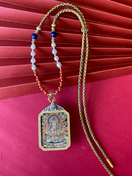 Great Compassion in Black and Gold: Rekong Four-Armed Avalokiteshvara Thangka Pendant with 925 Silver Casing