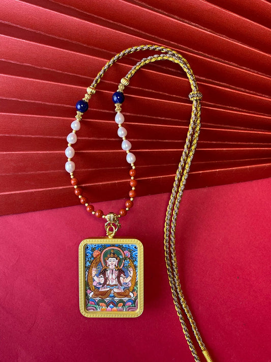 Great Compassion: Rekong Four-Armed Avalokiteshvara Thangka Pendant with Copper Casing