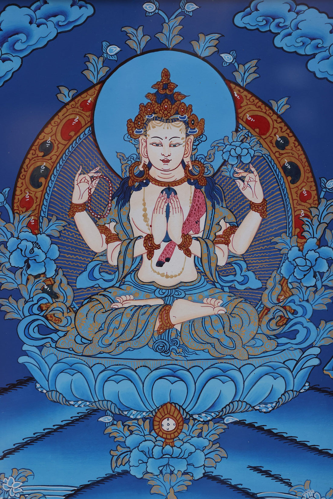 Hand-Painted Tibetan Blue Thangka: 4-Armed Chenrezig (Avalokiteshvara) - Sacred Buddhist Art