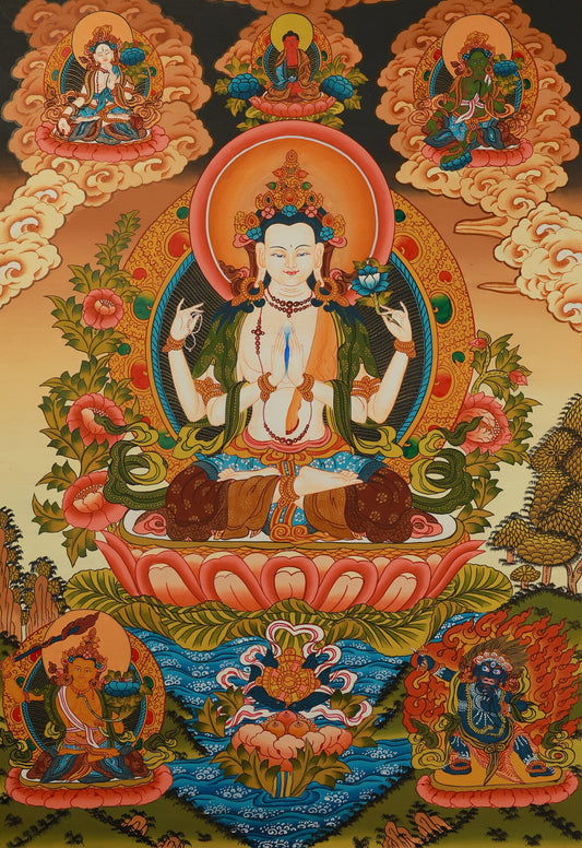 Hand-Painted Four-Armed Avalokiteshvara Thangka: A Spiritual Mirror of Tibetan Compassion and the Art of Rebgong
