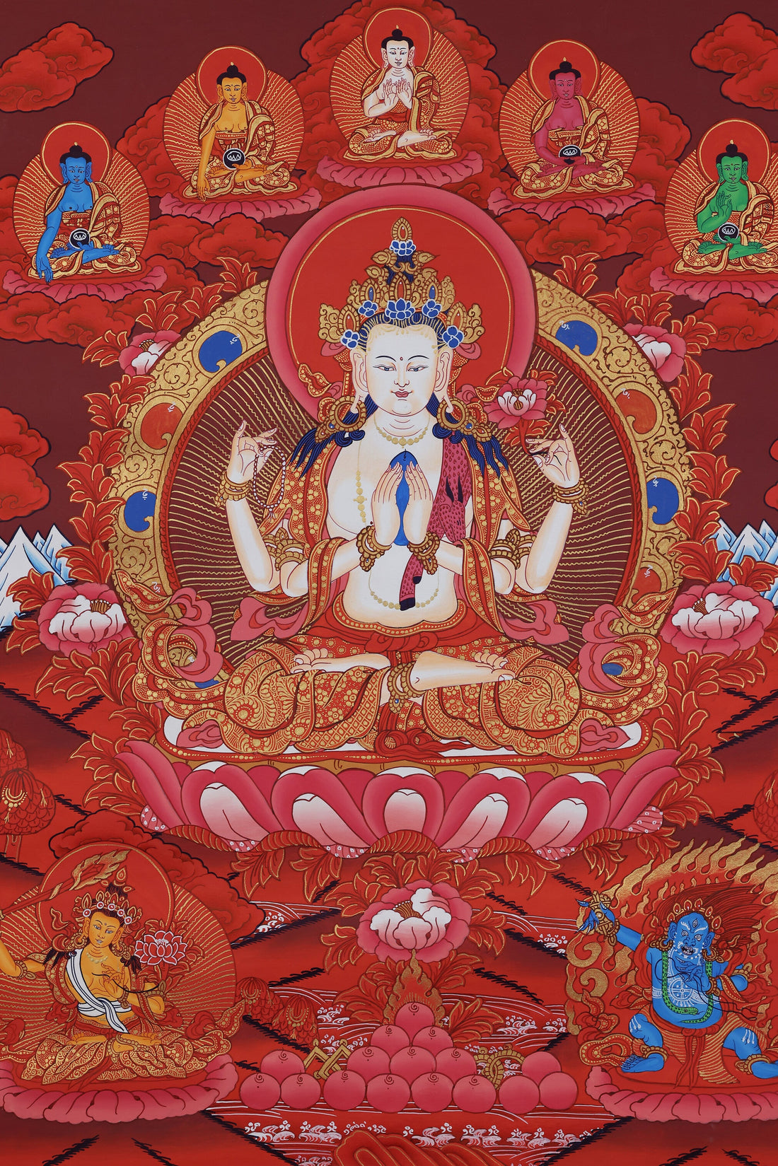 Hand-Painted Red-Gold Four-Armed Avalokiteshvara Thangka | Tibetan Compassion Art