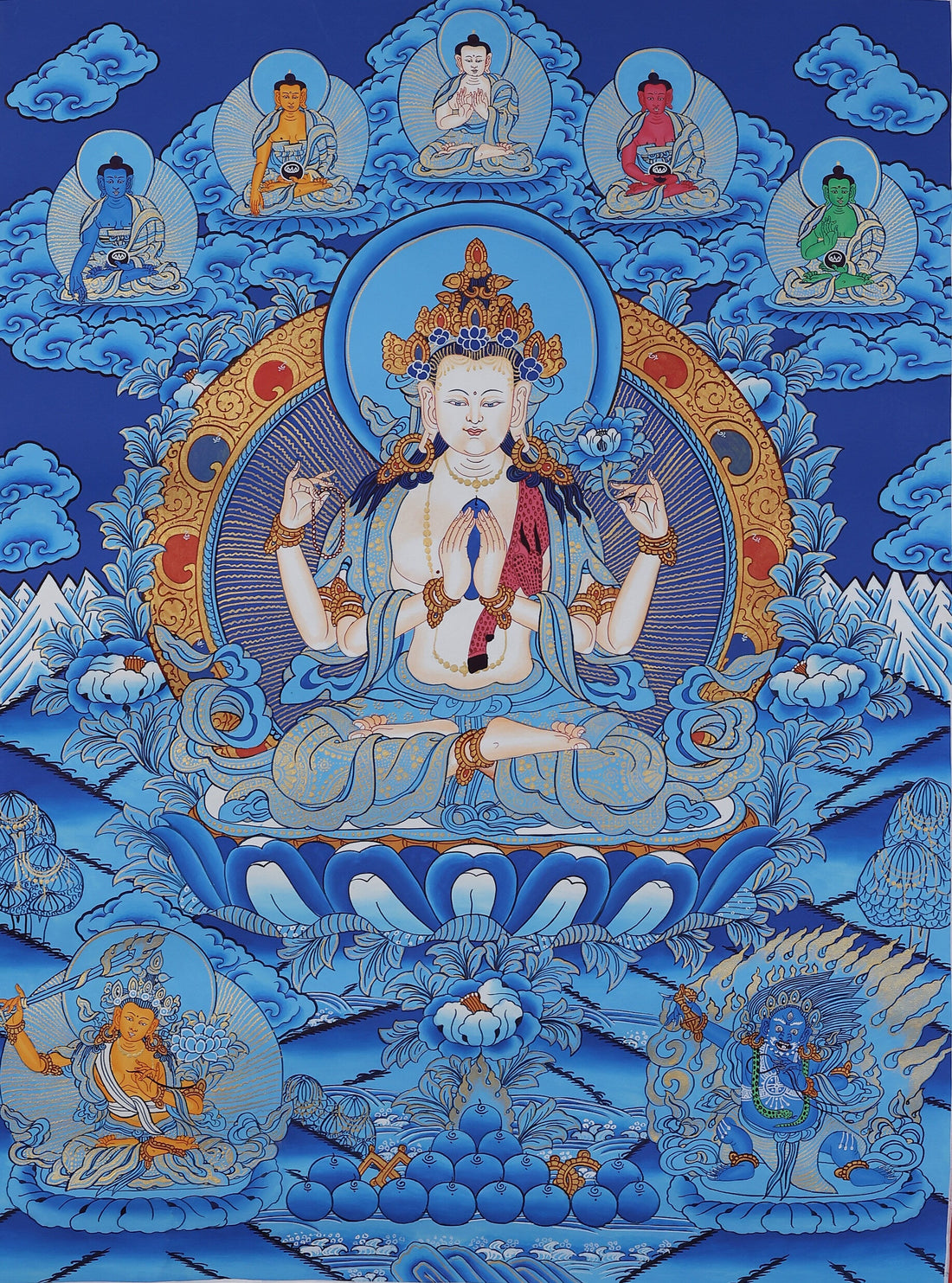 Hand-Painted Four-Armed Avalokiteshvara Thangka | Tibetan Buddhist Compassion Art