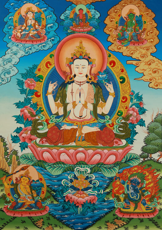 Hand-Painted Four-Armed Avalokiteshvara Compassion Mandala Thangka A Spiritual Symbiosis of Tibetan Esoteric Faith and the Regong Artistic Tradition