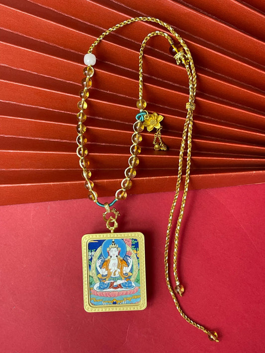 Compassion, Health and Wealth: Tibet Four-Armed Avalokiteshvara Thangka Pendant with Citrine Cord and Copper Casing