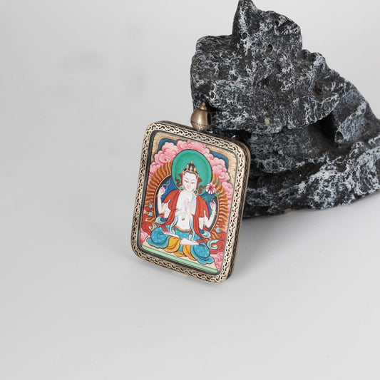 Four-Armed Avalokiteshvara Tibet Red Cloud Thangka Pendant: The Embodiment of Great Compassion