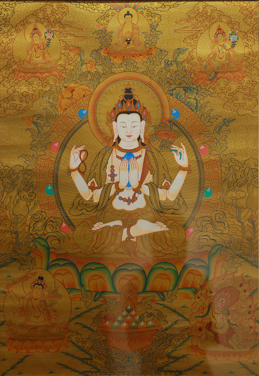 Four-Armed Avalokiteshvara Gold Thangka: In-Depth Analysis of Compassion, Deity System Tibetan Buddhist Thangka Painting
