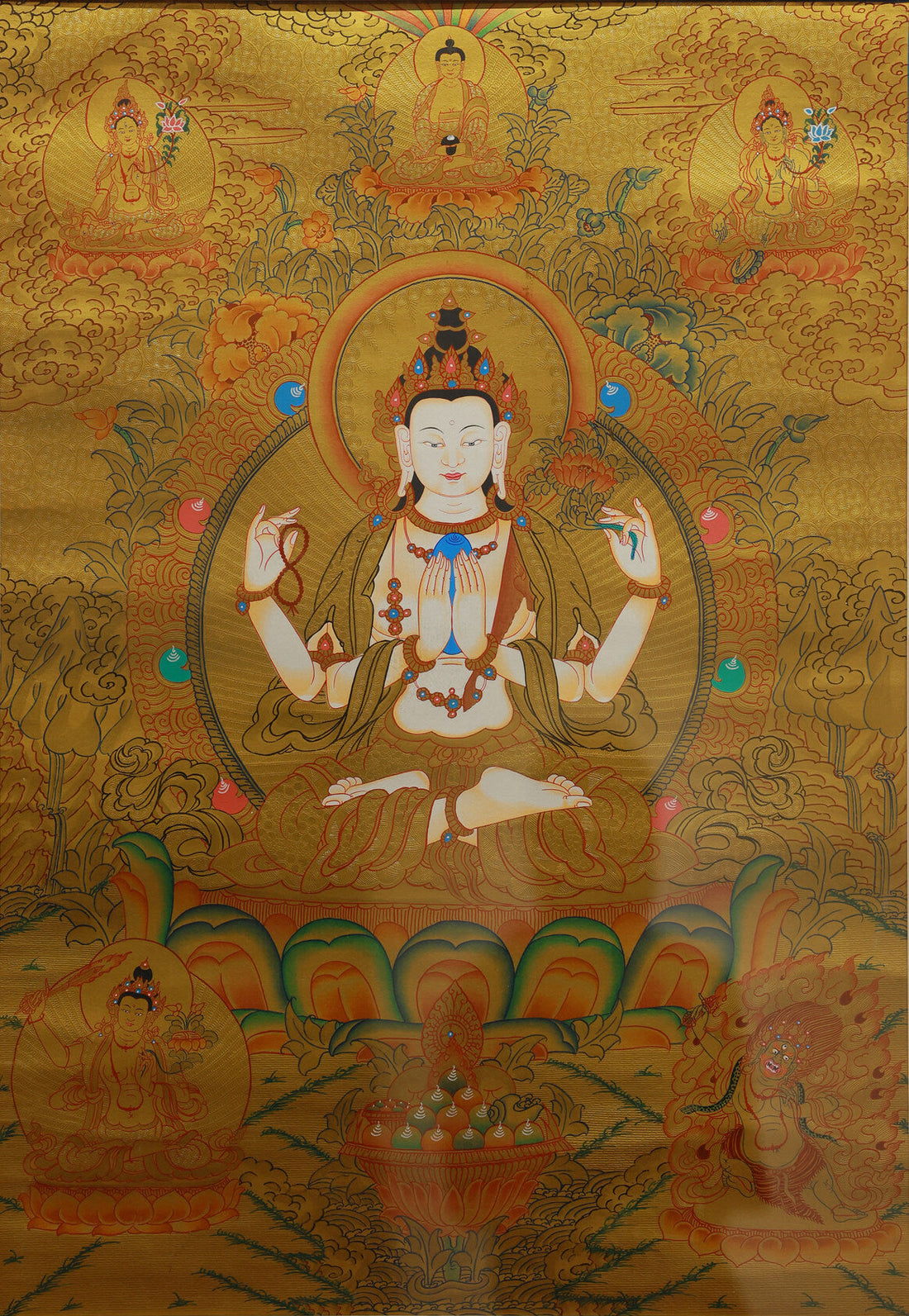 Four-Armed Avalokiteshvara Gold Thangka: In-Depth Analysis of Compassion, Deity System Tibetan Buddhist Thangka Painting