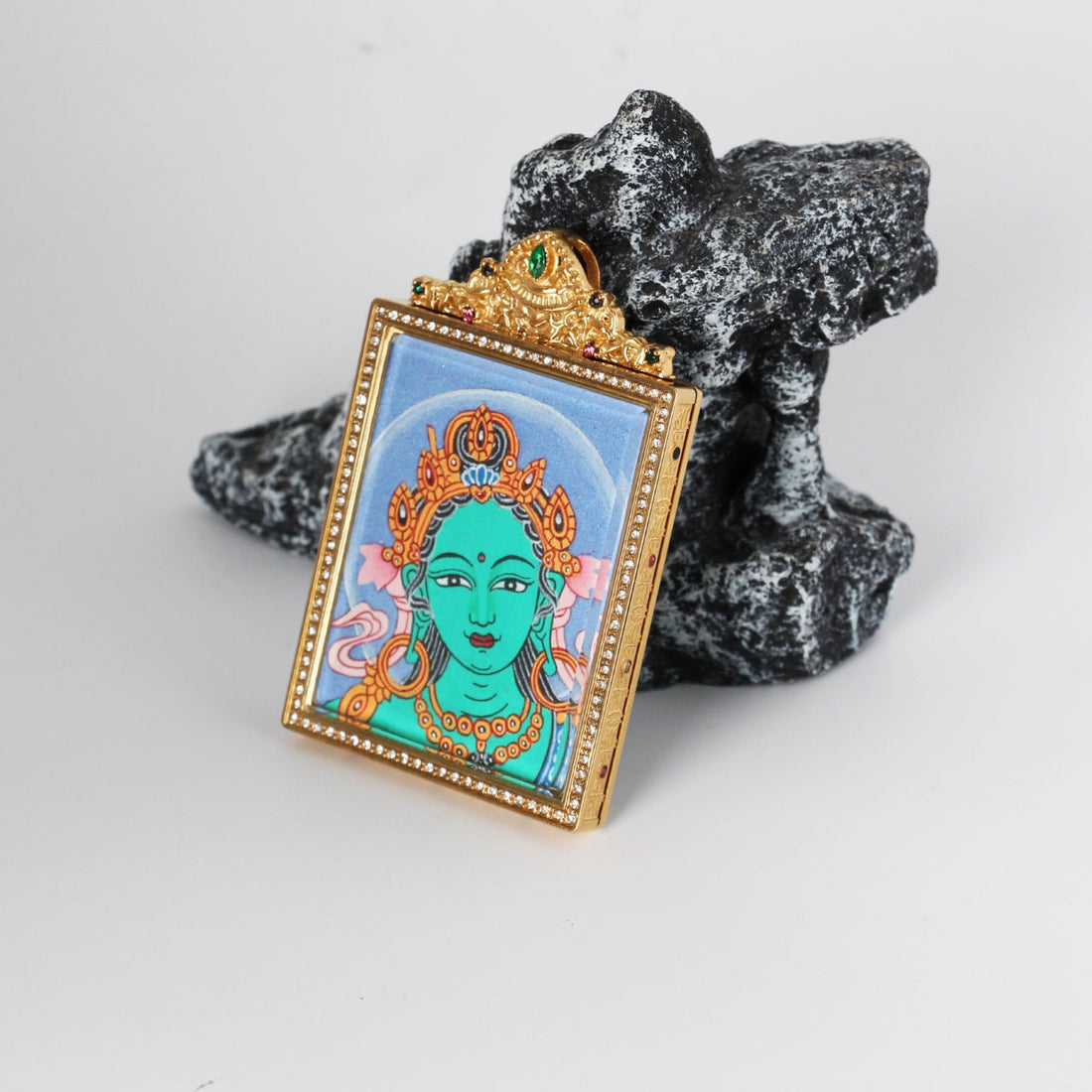 Green Tara Buddha Head Nepal Bold Thangka Pendant: The Liberator from Eight Fears