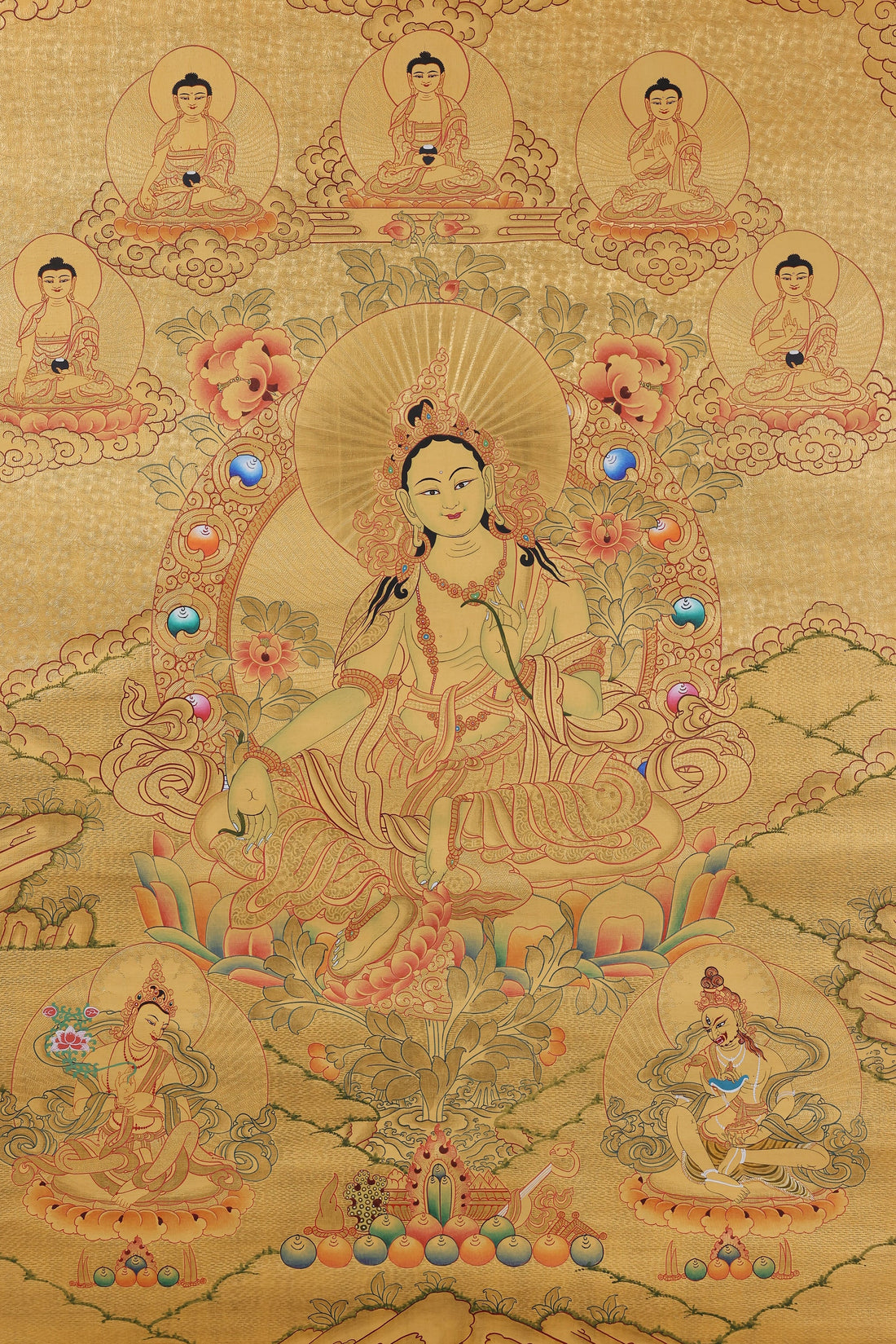 Handpainted Green Tara Gold Thangka | Tibetan Buddhist Spiritual Art & Protection Talisman