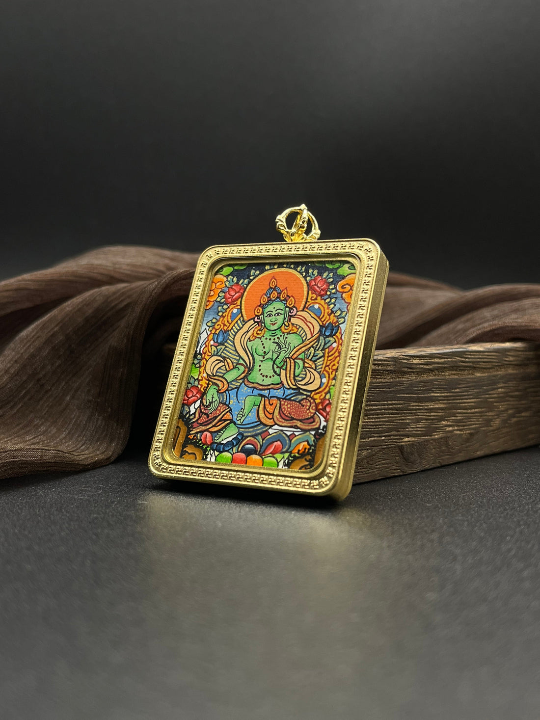 The Removal of Obstacles and Compassion: Nepal Green Tara Thangka Pendant with Titanium Casing