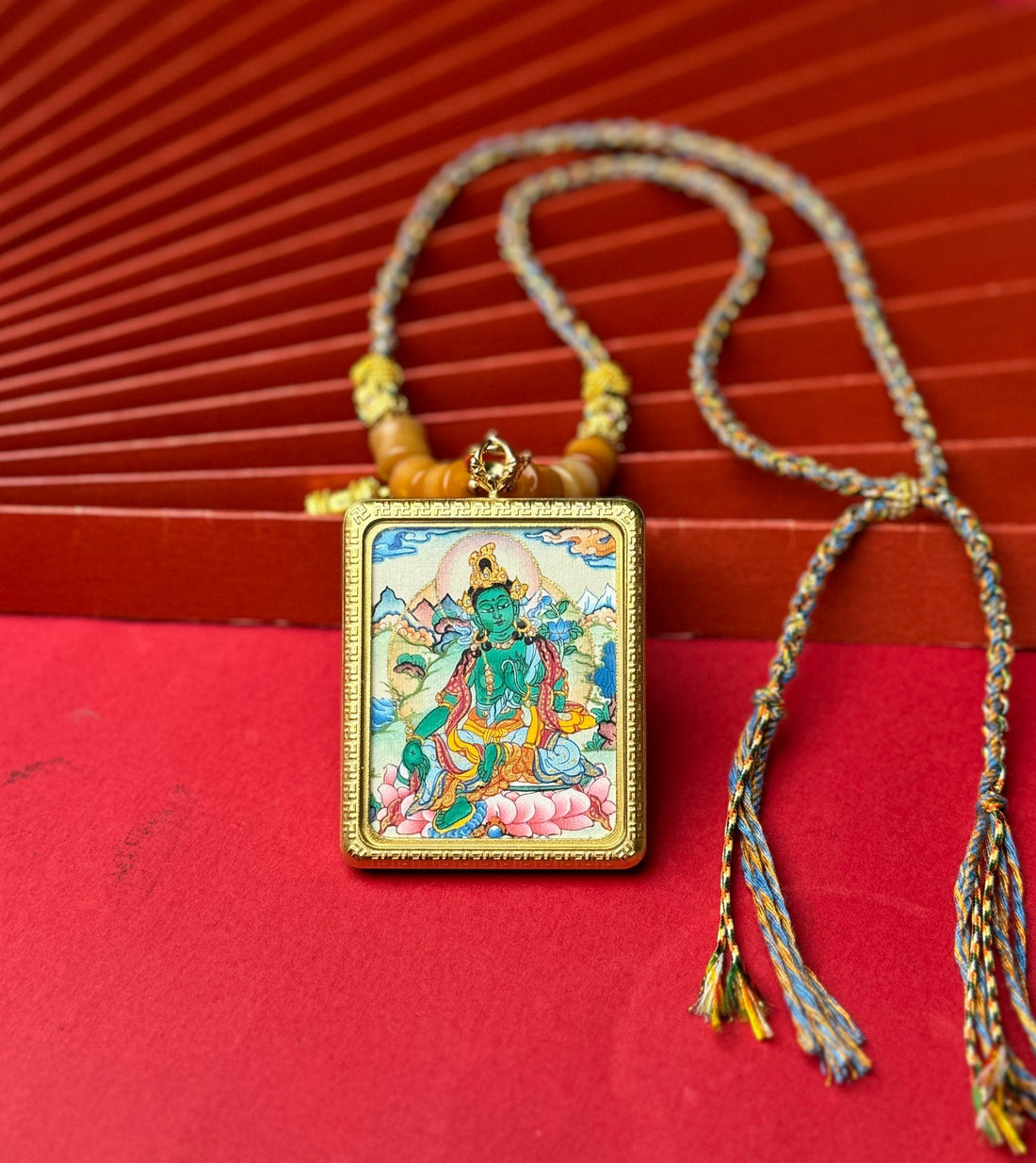 The Emanation of Avalokiteshvara: Nepal Green Tara Thangka Pendant with Titanium Casing