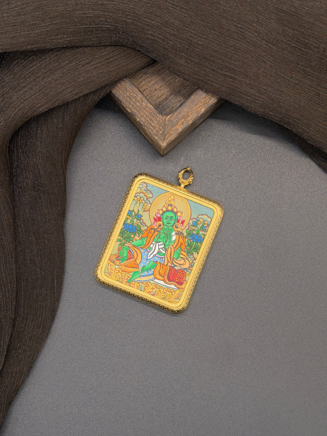 The Goddess of Compassionate Action: Nepal Green Tara Thangka Pendant with Titanium Casing