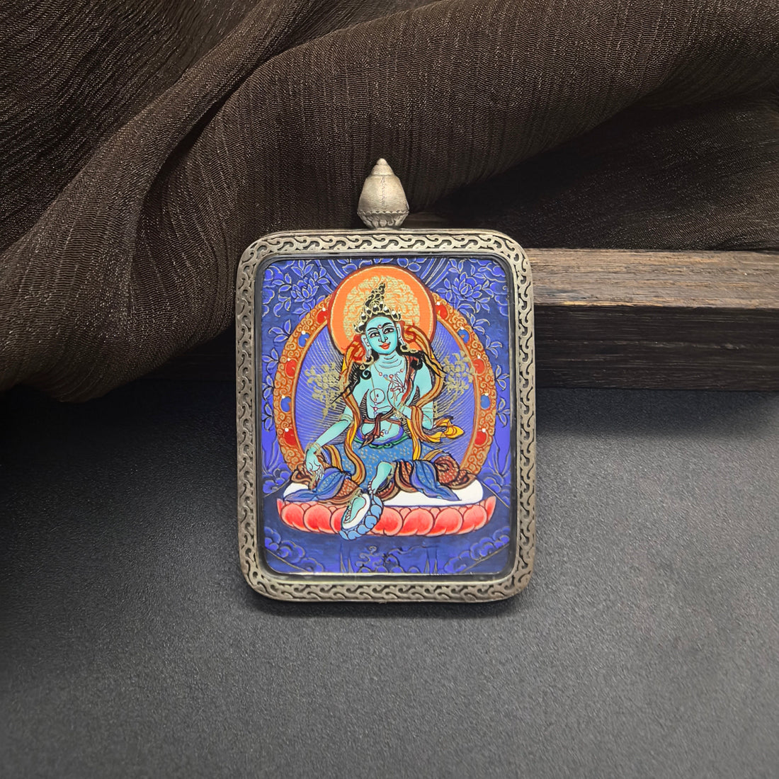 3.5x4.5cm Hand-Painted Rekong Blue Thangka Green Tara (绿度母) Buddhist Pendant with 925 Tibetan Buddhist Jewelry