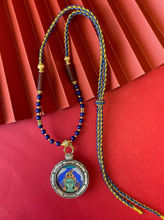 Liberate from Suffering: Rekong Green Tara Buddha Head Thangka Pendant with 925 Silver Casing