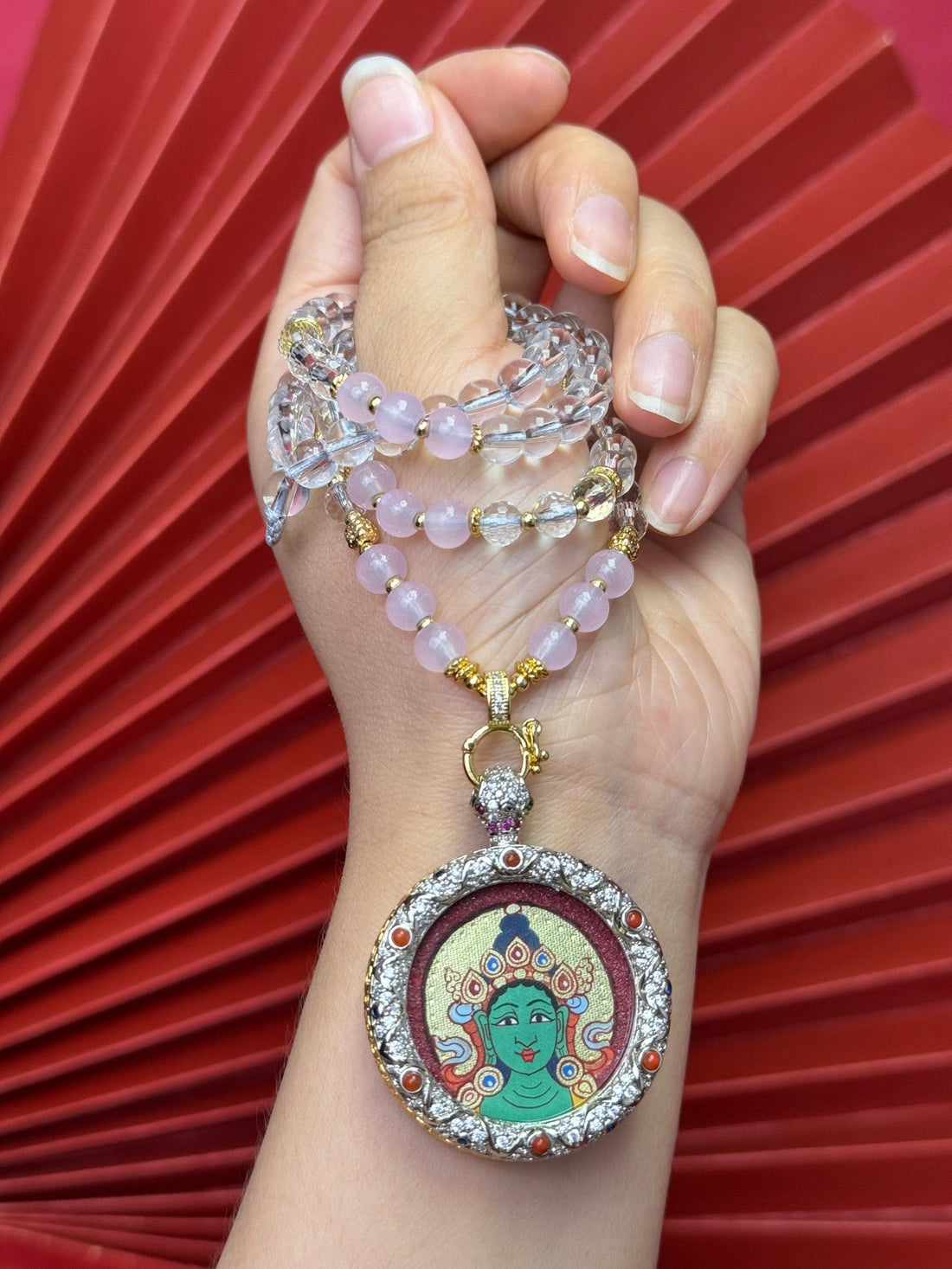 The Incarnation of Avalokiteshvara's Tears: Rekong Red Gold Green Tara Thangka Pendant with Copper Casing