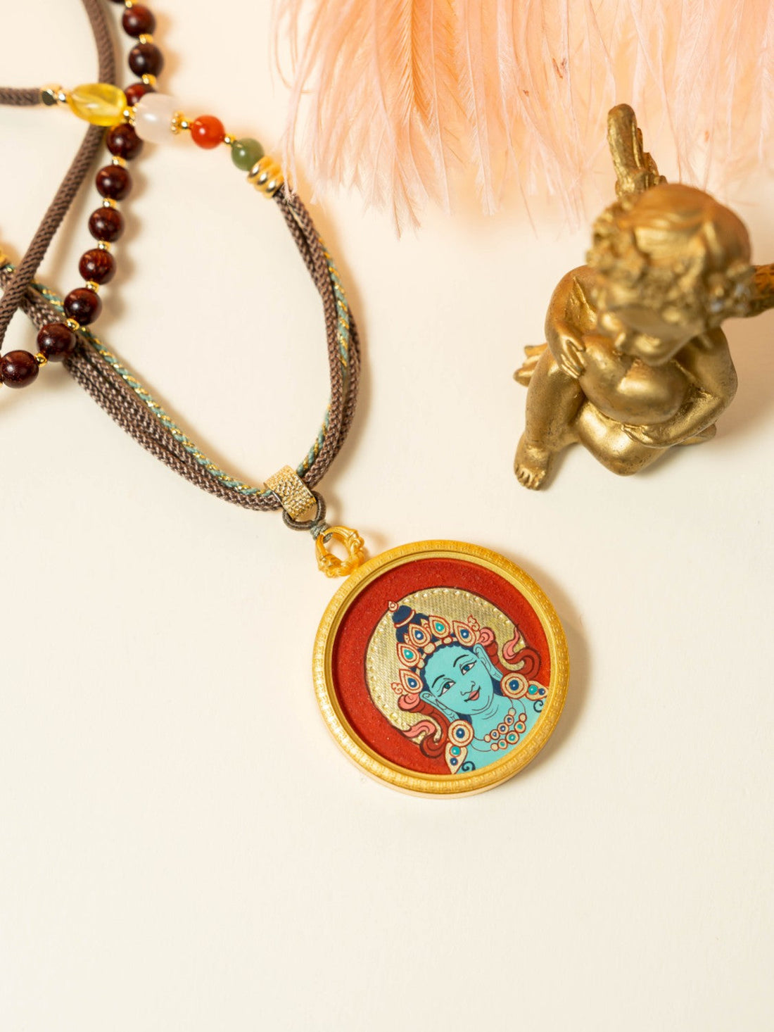 3.5cm Hand-Painted Rekong Red Gold Green Tara Buddhist Pendant: Relieve Suffering Tibetan Buddhist Jewelry