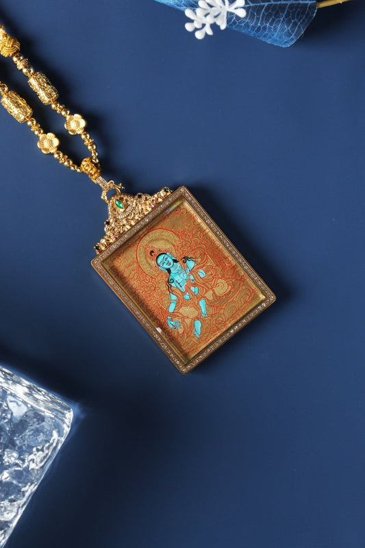 Six-Armed Mahakala Dharmapala Thangka Pendant: The Great Black Protector