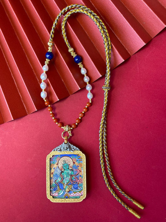 Liberate from Suffering: Tibet Green Tara Coarse Thangka Pendant with Copper Casing