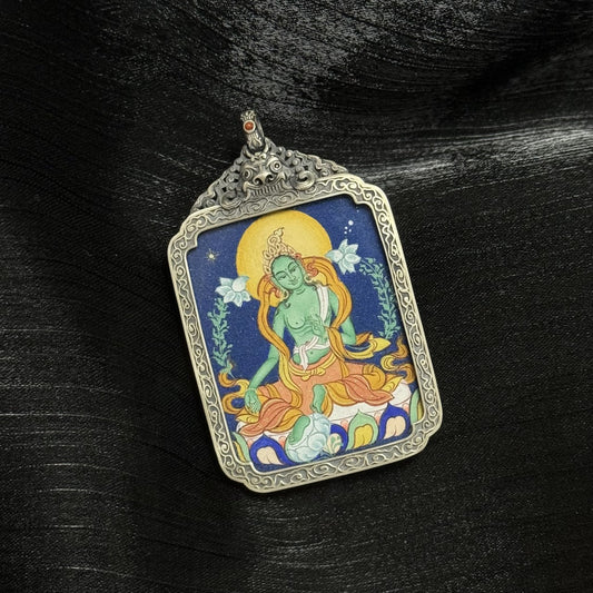 Tibet Coarse Green Tara Thangka Pendant: Saviour from Eight Dangers, Wisdom and Protection
