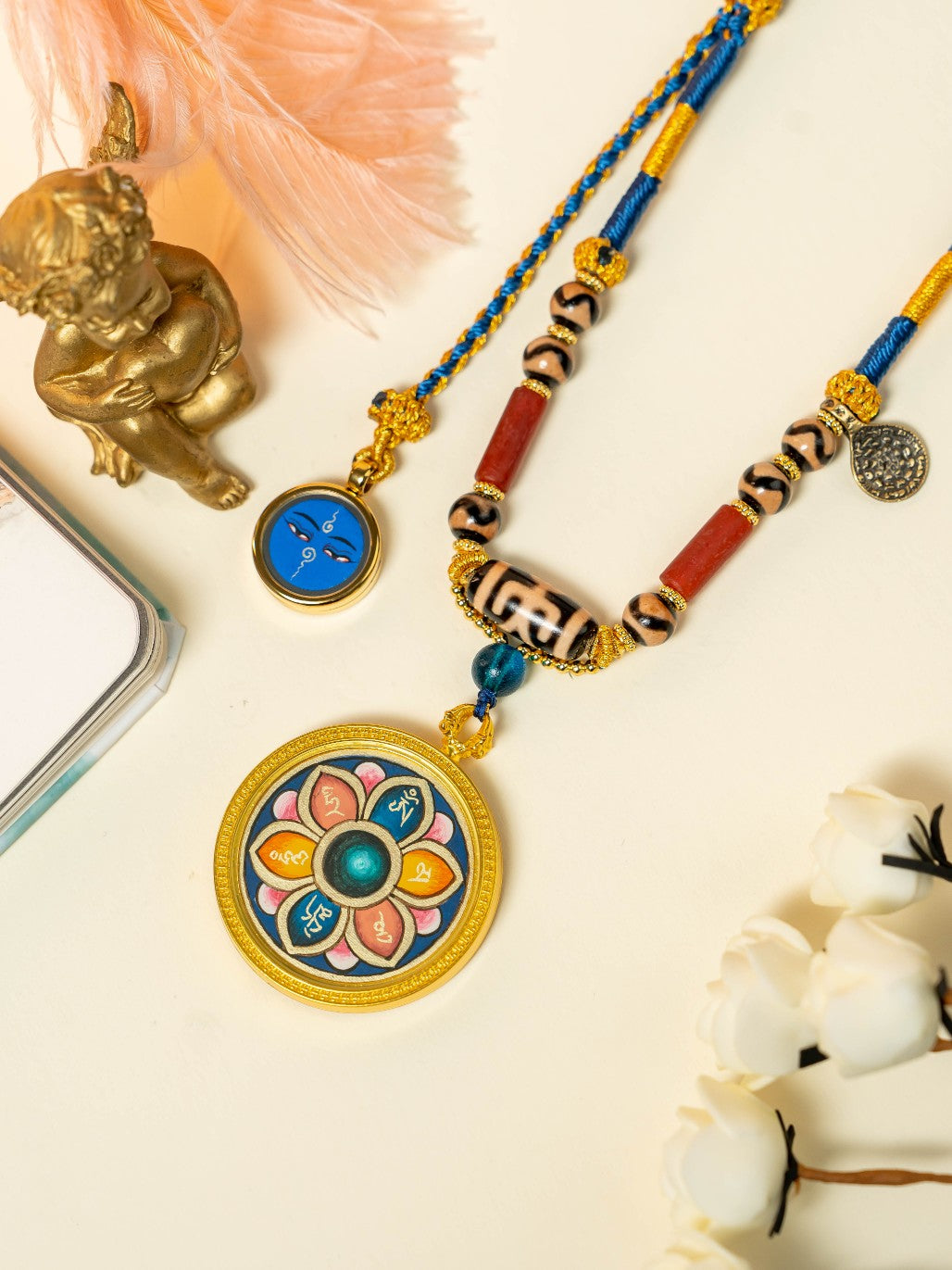 Om Mani Padme Hum: Rekong Lotus Six-Syllable Mantra Thangka Set with Dharma Eye and Dzi Necklace