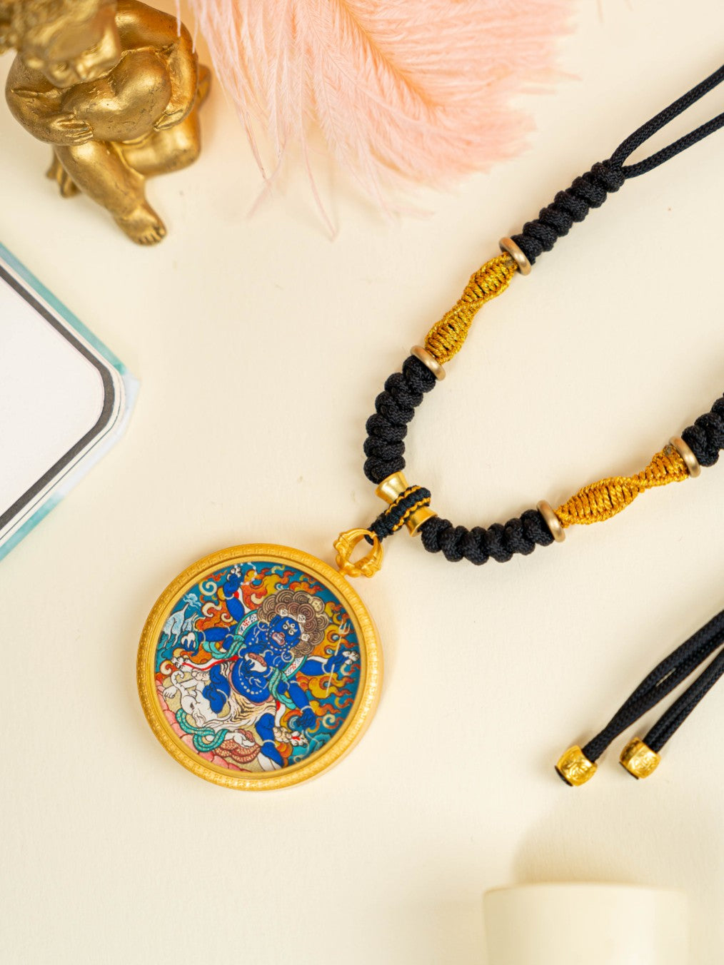 The Wrathful Form of Avalokiteshvara: Rekong Six-Armed Mahakala Thangka Pendant with Hand-Braided Cord