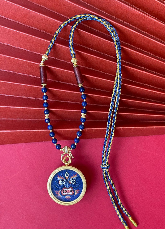 Wealth, Health and Family Harmony: Tibet Coarse Mahakala Thangka Pendant with Copper Casing and Lapis Agate Necklace