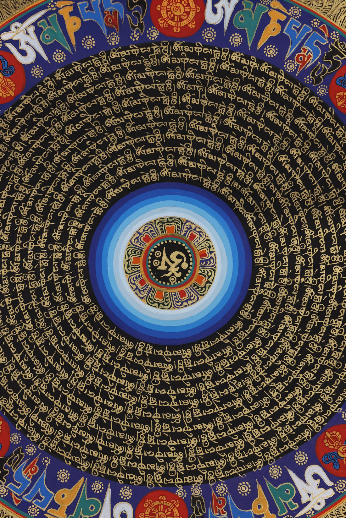Hand-Painted Mahapratisara Dharani Mantra Wheel Mandala Thangka – Tibetan Wish-Fulfilling Art
