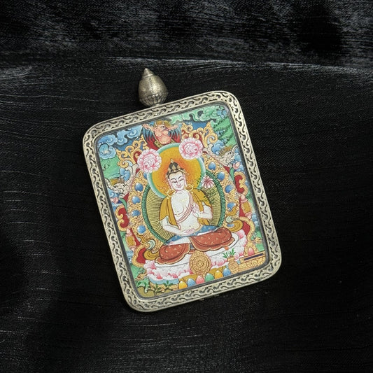 Mahasthamaprapta Bodhisattva Menri Thangka Pendant: The Bodhisattva of Great Strength and Wisdom Light
